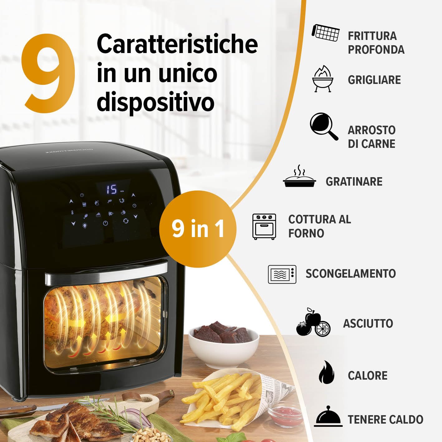 GOURMETmaxx Friggitrice digitale XXL ad aria calda 12 litri | Frittura senza grassi, friggitrice, forno e grill rotante in un unico apparecchio | Con 9 programmi e funzione timer
