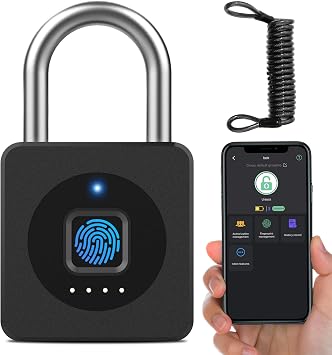eLinkSmart Fingerprint Gym Locker Lock, Keyless Biometric Padlock, Weatherproof Electronic Digital Smart Combination Pad Lock for Outdoor Fence Gate Storage Helmet Ski Pool Shed Black, with Cable
