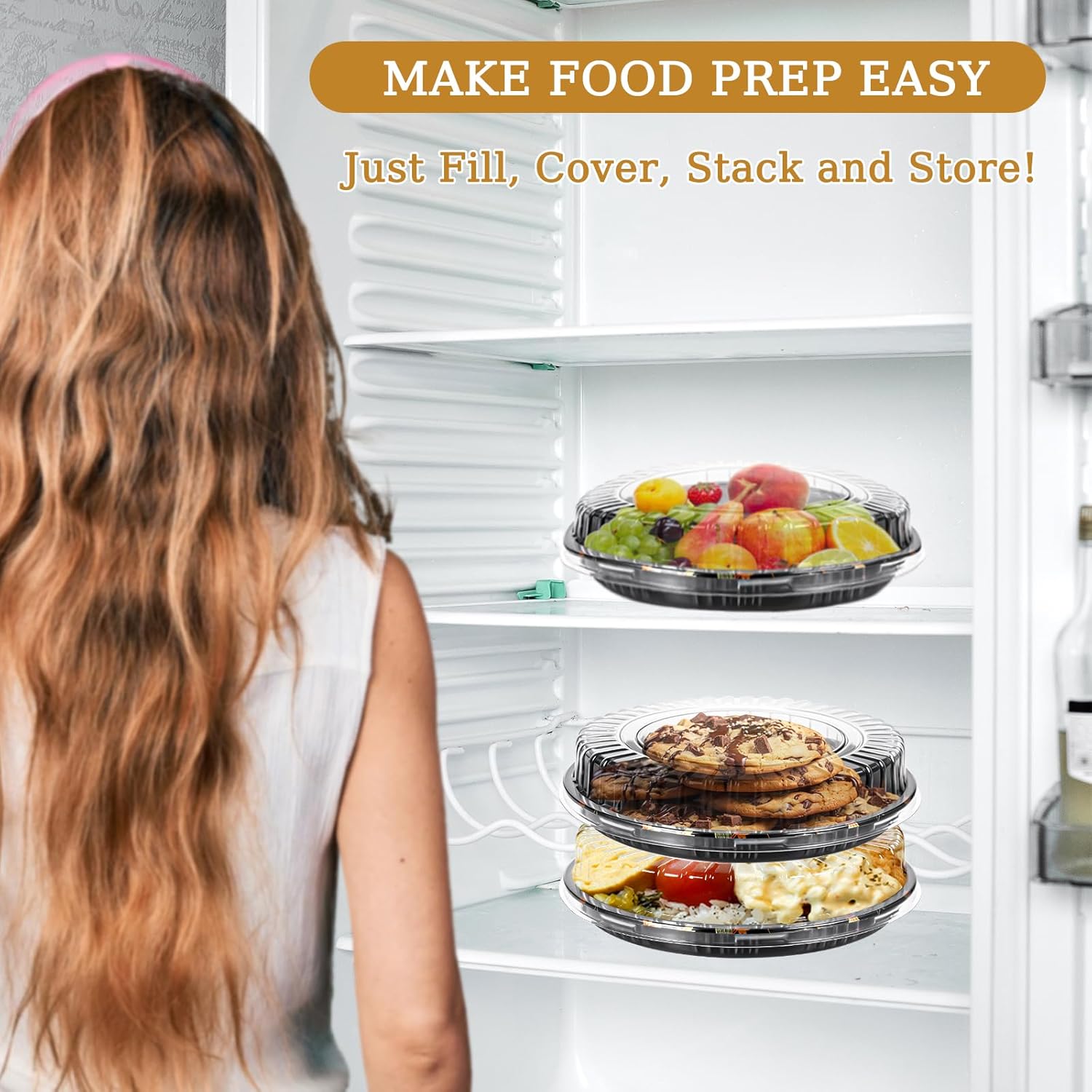 30 Pack 10 Inch Plastic Serving Tray with Lid Plastic Disposable Food Serving Platters Round Stackable Large Sandwich Trays for Party Fruit Cake Sandwich Takeout Food