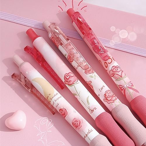 Miniatura 2 de MOZXIRZ 4 bolígrafos de gel retráctiles de flores, bolígrafos estéticos de tinta negra, bolígrafos de gel kawaii para oficina y escuela, suministros