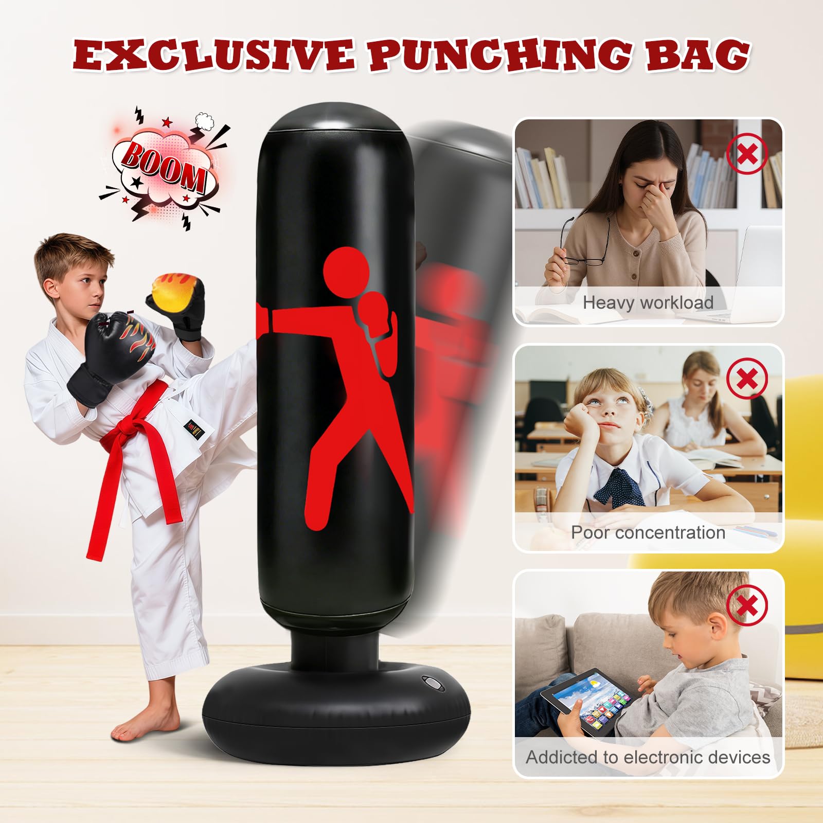 flintronic Sacco da Boxe da Terra Bambini con Guantoni da Boxe, 120cm Pungiball Bambini, Sacchi da Boxe Gonfiabile per Ragazzi e Ragazze 5-12 Anni, Per Praticare Karate Taekwondo MMA