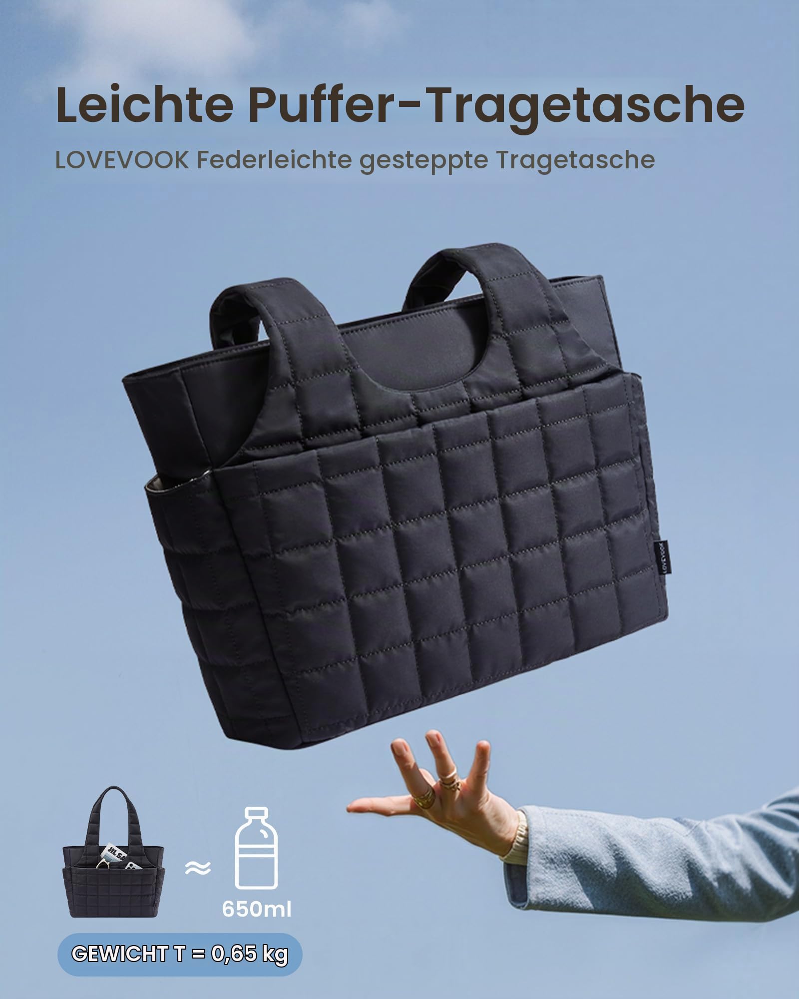 LOVEVOOK Puffer Handtasche Damen Groß, 15,6 Zoll Laptoptasche Shopper Tasche mit Wasserflaschenfach, Leichte Arbeitstasche Schultertasche für Arbeit, Uni & Reise