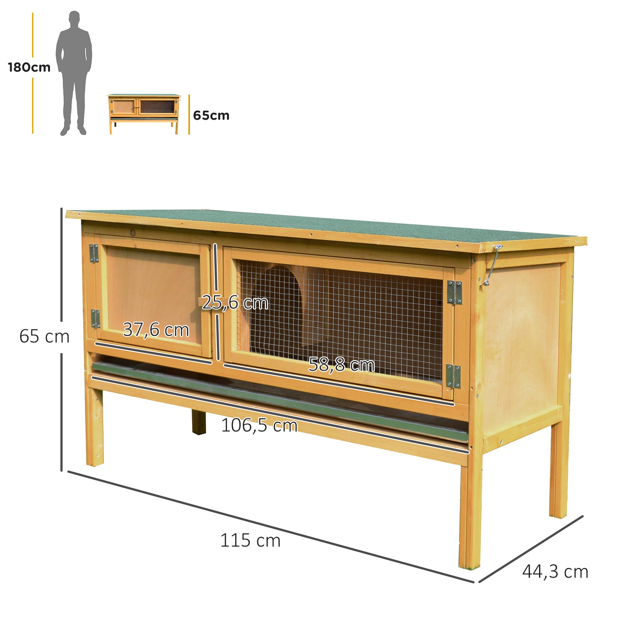 PawHut Conejera de Madera para Conejos, 115 x 44,3 x 65 cm, con Techo abatible, 2 Puertas, Bandeja a Prueba de Fugas, Jaula para Conejos al Aire Libre, Color Amarillo Claro
