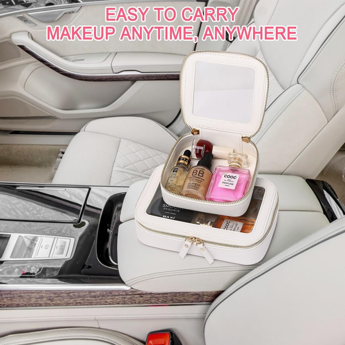 Clear Makeup Bag Set Portable Travel Cosmetic Bag and Toiletry Bag Women's Purse Pouch Cosmetic Stroage Organizer Bag with Zipper Car Essentials (White, M+Mini) - Image 7