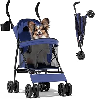 Magshion Compact 4-Wheel Pet Stroller for Small-Medium Dogs & Cats up to 22lbs - Lightweight Foldable Jogger with Breathable Mesh, Cup Holder, Navy Blue