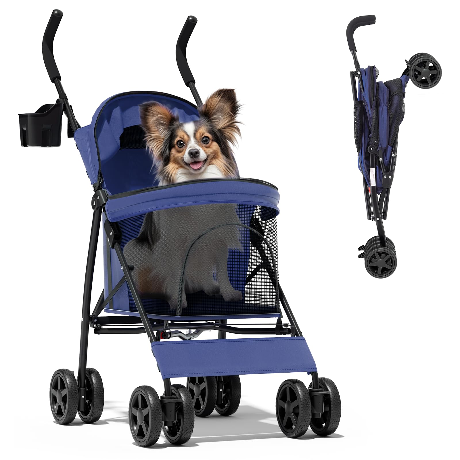magshion compact pet stroller for small-medium dogs/cats up to 22lbs, 4-wheel lightweight umbrella shaped portable puppy travel jogger with breathable mesh, cup holder & rear storage, navy blue