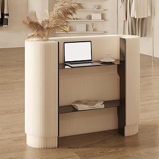Modern Reception Desk Counter Foldable Exhibition Reception Counter with 2 Shelves, Multi-Functional Commercial Reception Desk for Lobby Hotel Bar