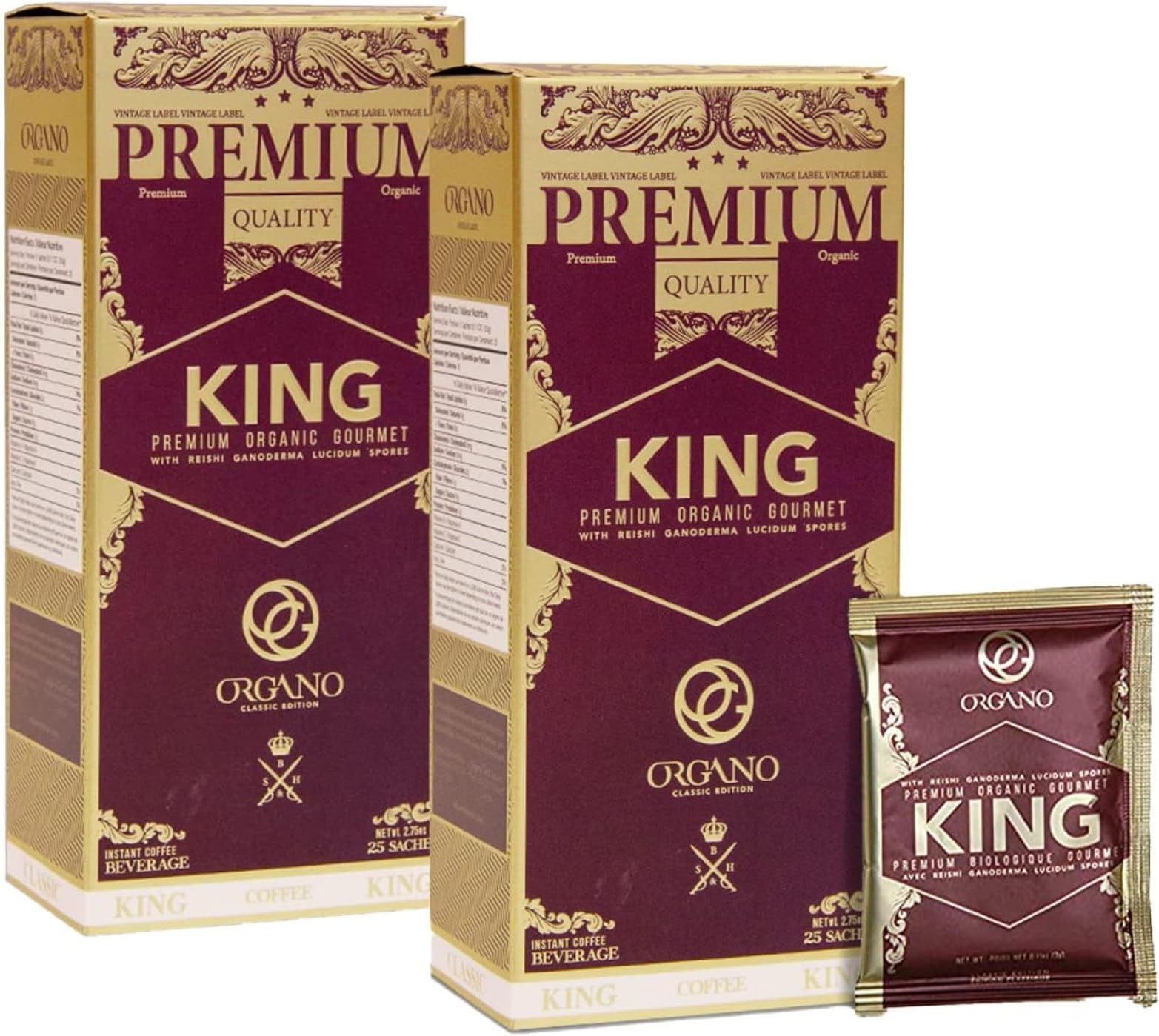 2 Boxes ORGANO King of Coffee, 100% Certified Ganoderma Lucidum (50 Sachets)