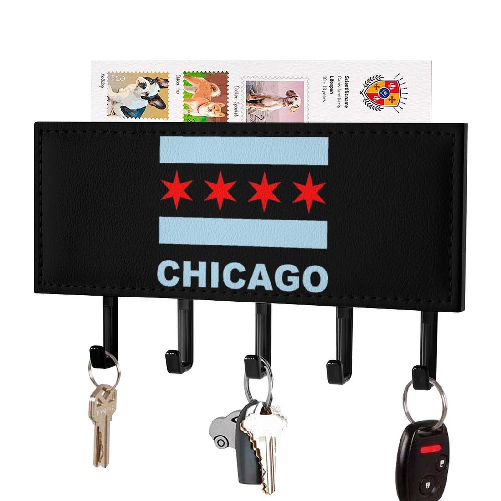 NCLQVJXZKHW Chicago State Flag Key Holder with 5 Hooks Key Hooks Wall Mounted Key Racks Key Hanger Organiser Shelf