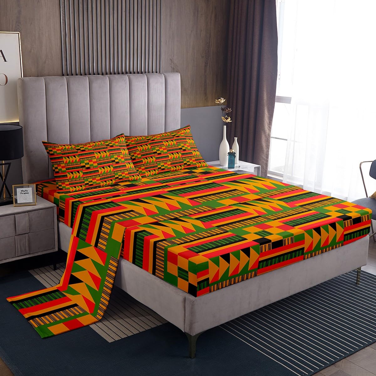 Parure de lit motif africain exotique 4 pièces avec bonnet drap housse 40 cm