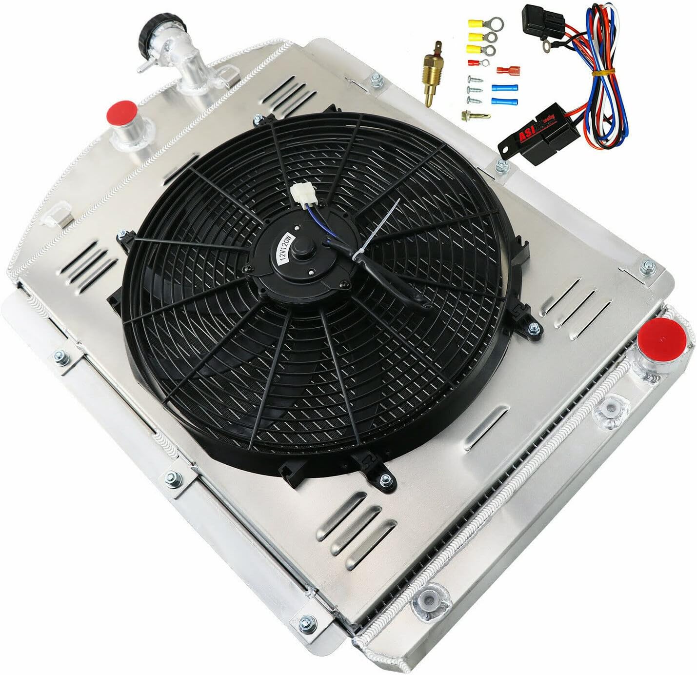 3 Row Core Aluminum Radiator for 1942-1946 Chevy Pickup Truck Small Block BG/BJ/BK/BL/BM/BN/CK/DJ/DP/DR/DS Base 3.8L V8 with Shroud Fan and Relay 1943 1944 1945