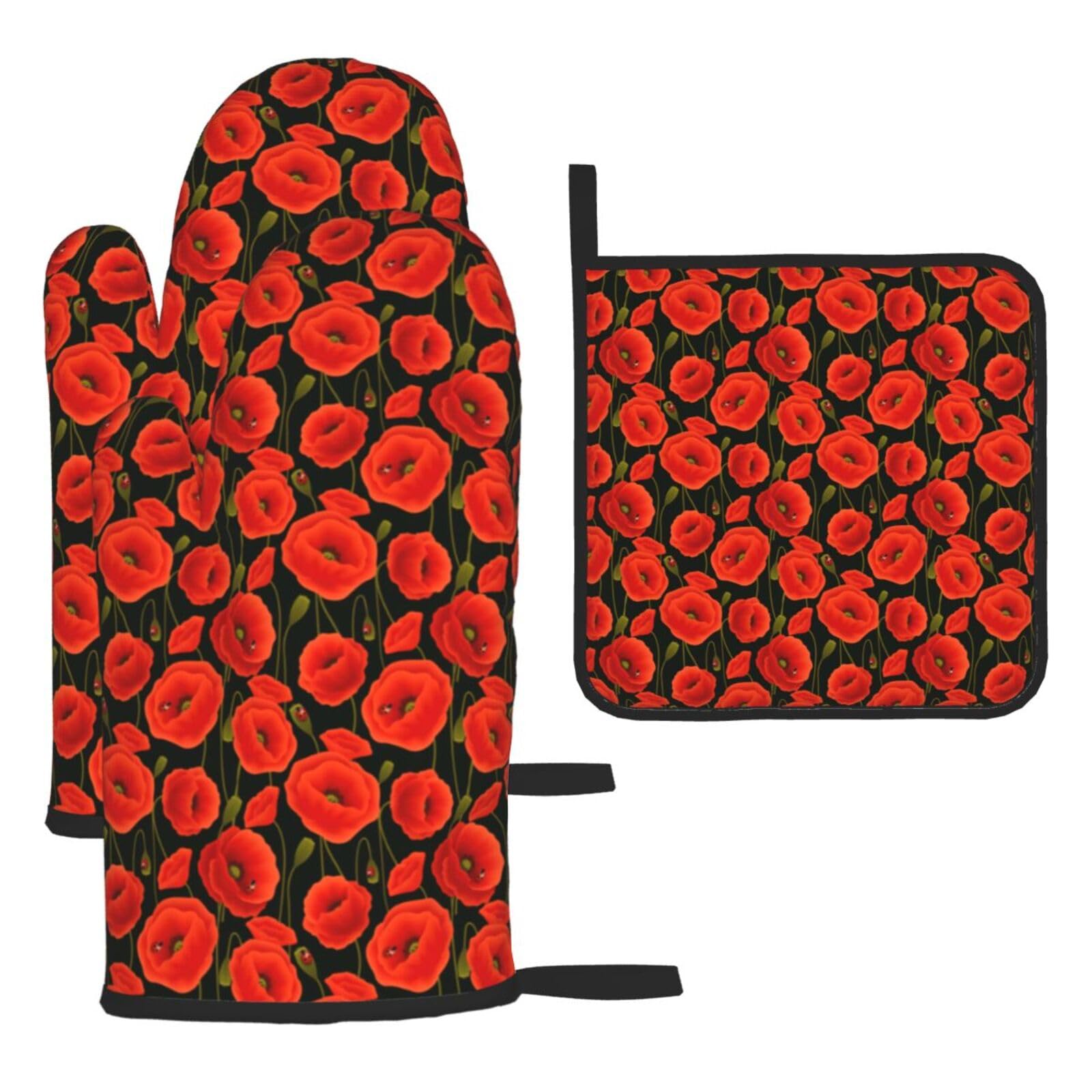 Poppy Flowers Print Oven Mitts Kitchen Gloves Set Everyday Baking Grilling Microwaving Cooking Gift