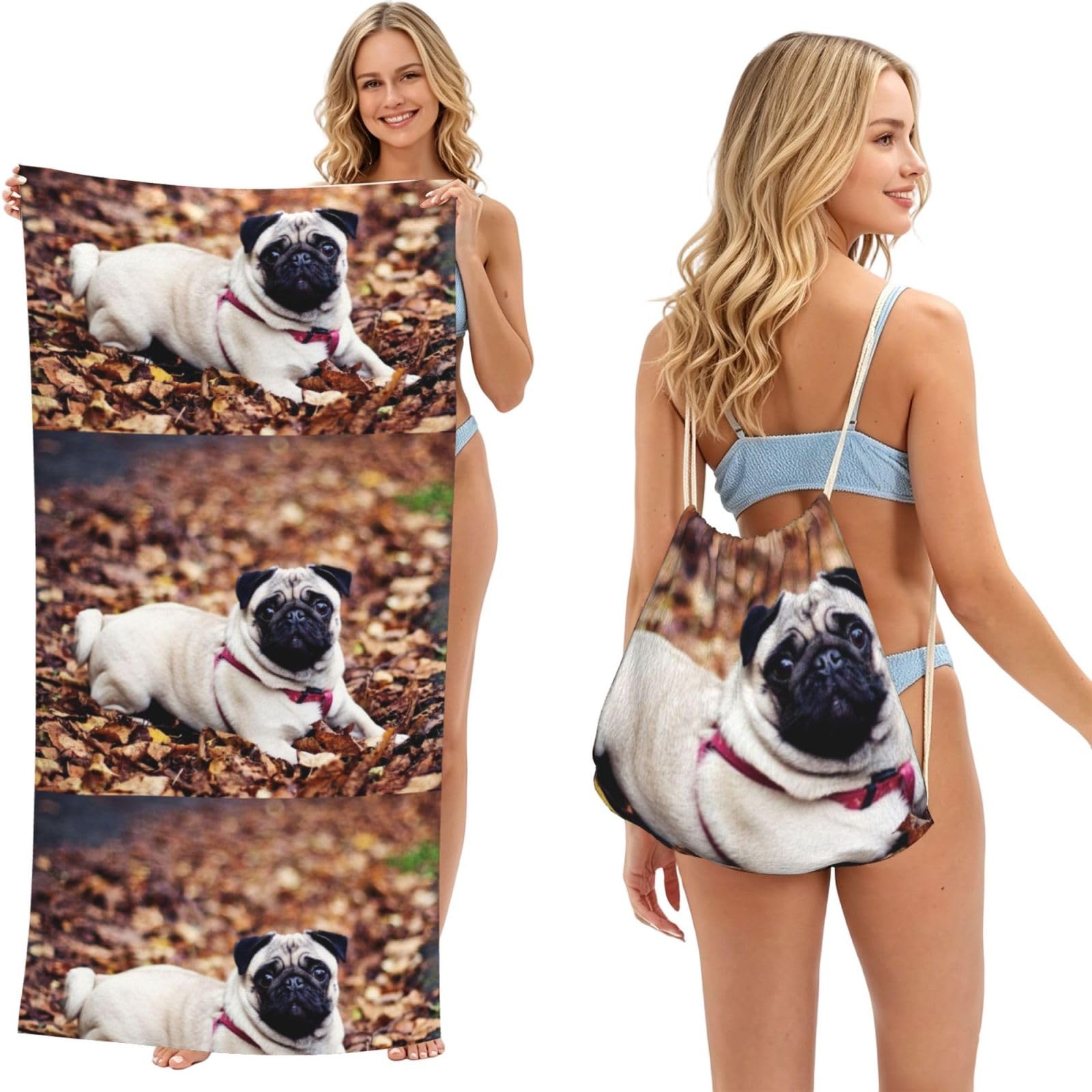 Poadnly As Picture Pug Puppy, 2 In 1 Packable Towel Bag, Beach Towels With Drawstring Backpack For Travel Holiday Camping