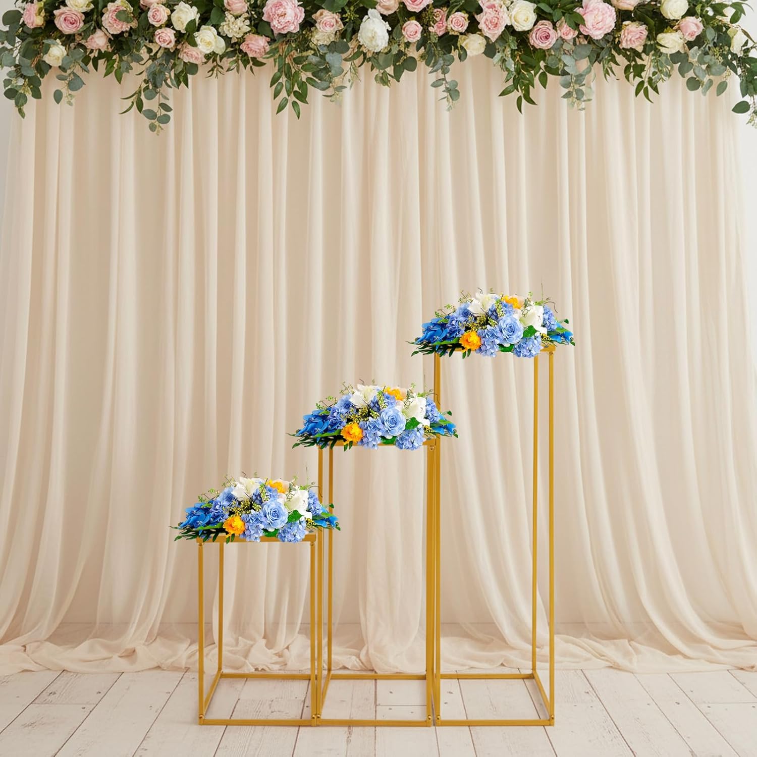 3pcs Metal Flower Stand Set, Wedding Geometric Vase Column Stand, Gold Square Vase Column Rack for Party Festival Birthday Decorations (40cm+60cm+80cm Height)