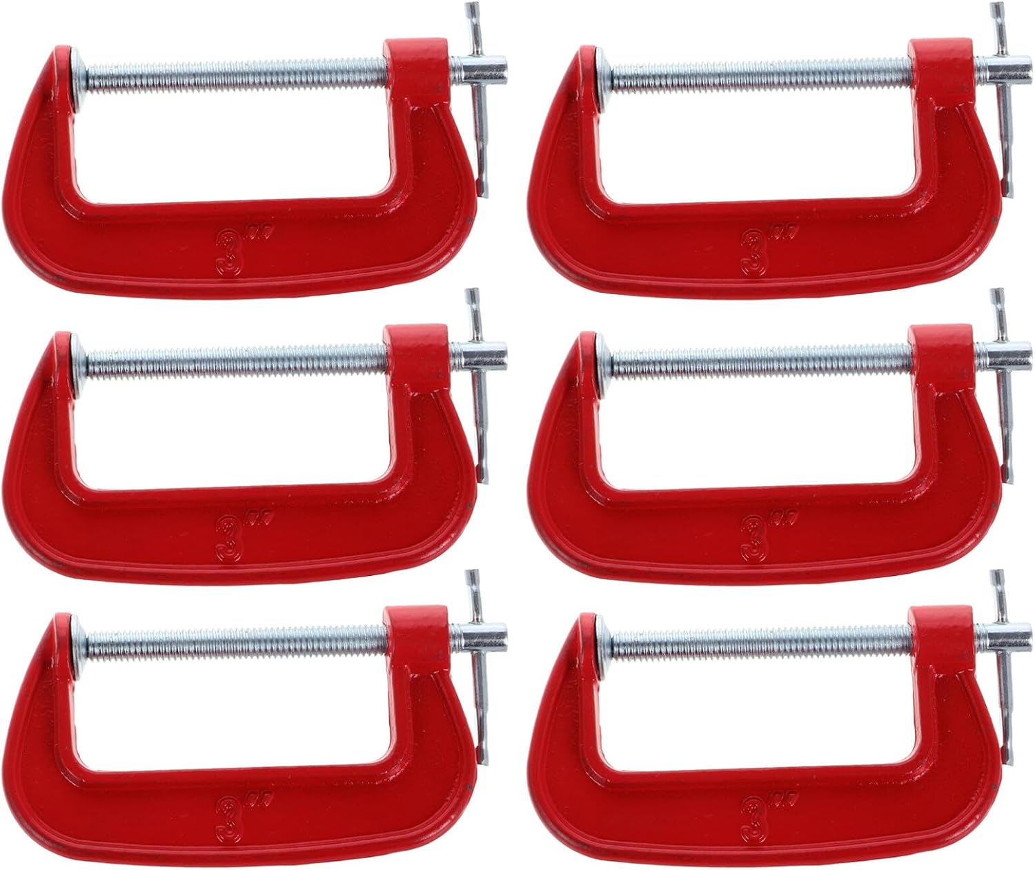 Zerodeko 6pcs 3-inch Metal C Clamps Set, 77mm Jaw Opening Small Heavy Duty Welding and Woodworking U Clamps for Assembly and DIY Projects, Red Cast Iron Carpenter Clamping Tools