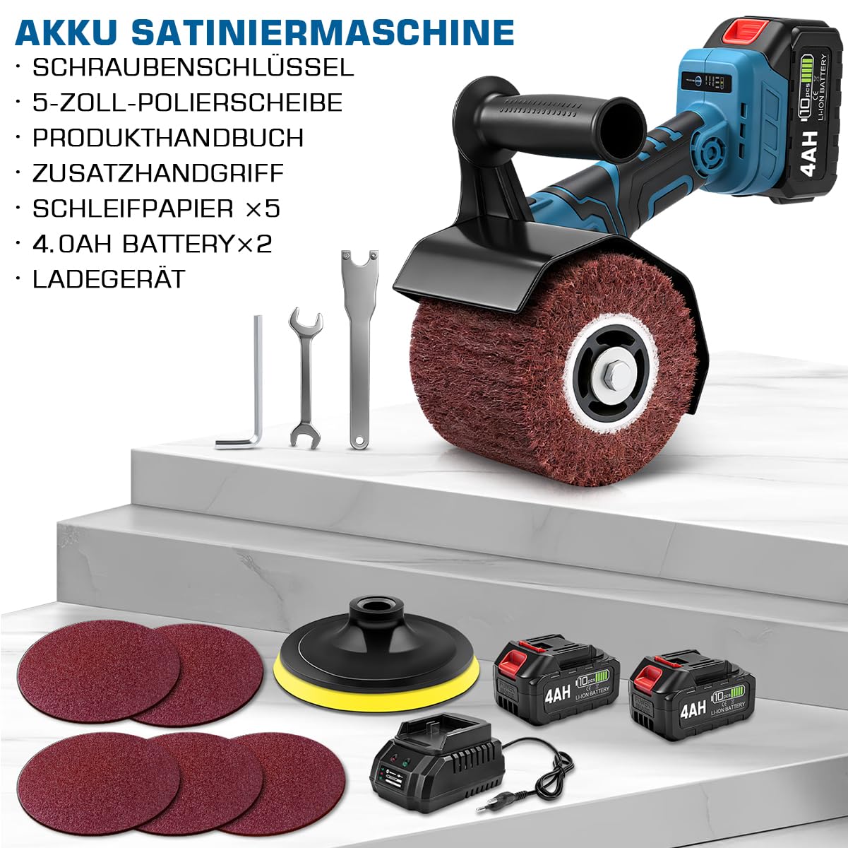 3 IN 1 Satiniermaschine & Poliermaschine & Winkelschleifer, 1200W Akku-Bürstenschleifer Brushless, 5500-9000U/min, 2x4.0Ah Akkus, 3 Drehzahlregelung, ⌀120mm Polierrad, Kompatibel mit Makita-Akkus