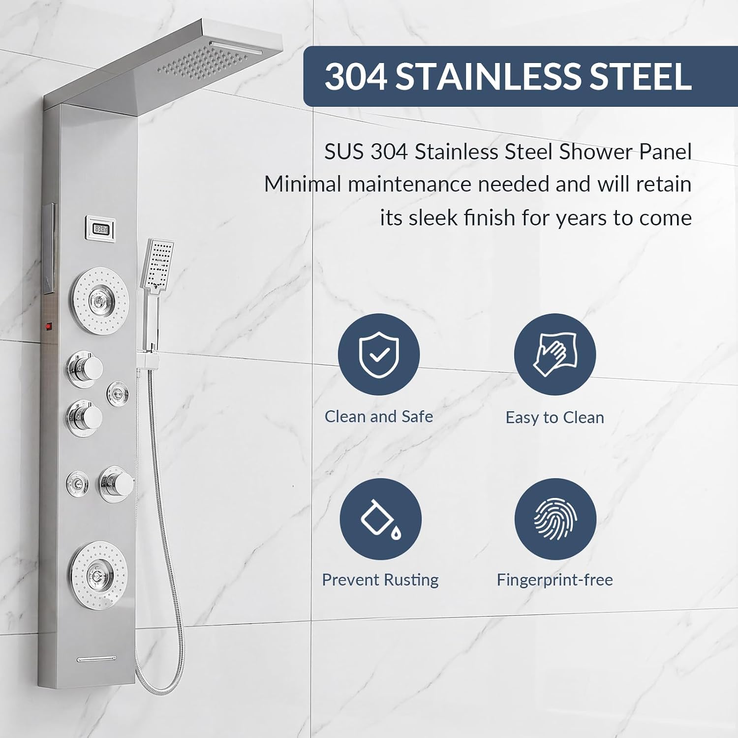 Image highlighting the 304 Stainless Steel construction with icons for Clean and Safe, Easy to Clean, Prevent Rusting, and Fingerprint-free