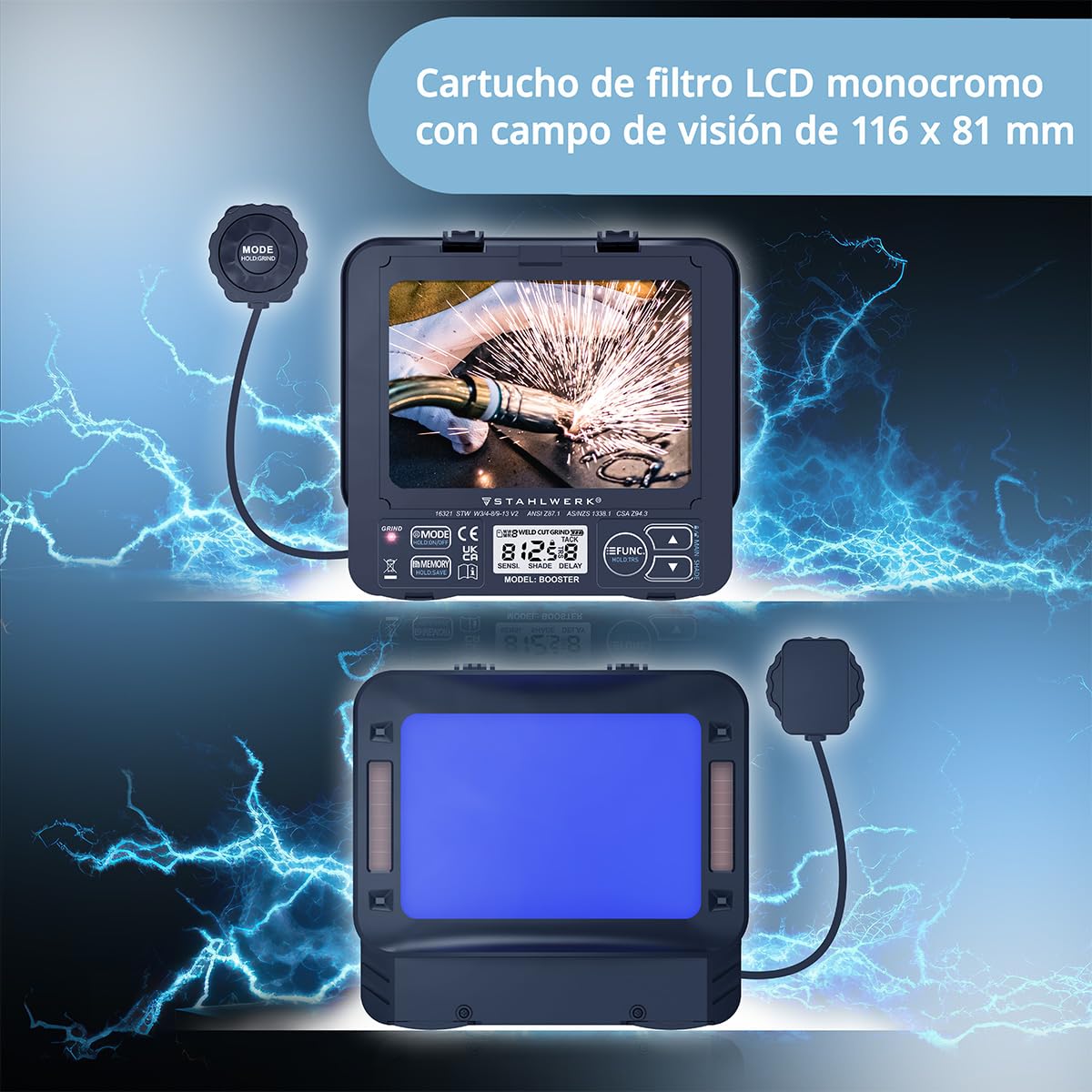 STAHLWERK Casco de Soldadura automático 3 en 1 Booster Air – Casco de Soldador Suministro de Aire Fresco, Sistema PAPR, True Colour, Memoria, oscurecimiento automático DIN 4-13, Clase óptica 1/1/1/2
