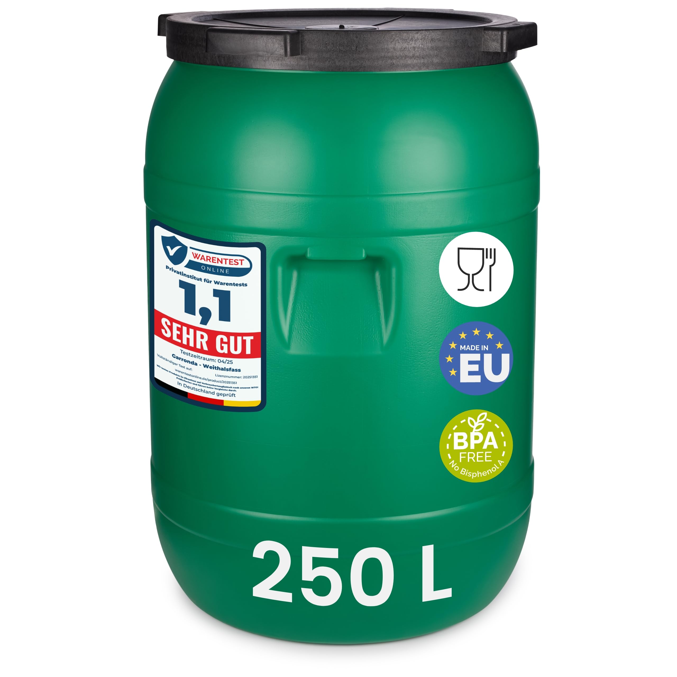 Garronda Weithalsfass 250 Liter Futtertonne mit Deckel ohne Dichtung - BPA-freier HDPE Futterbehälter für Wasser Lagerung Tierfutter Sauerkraut und Gurken GD-0142