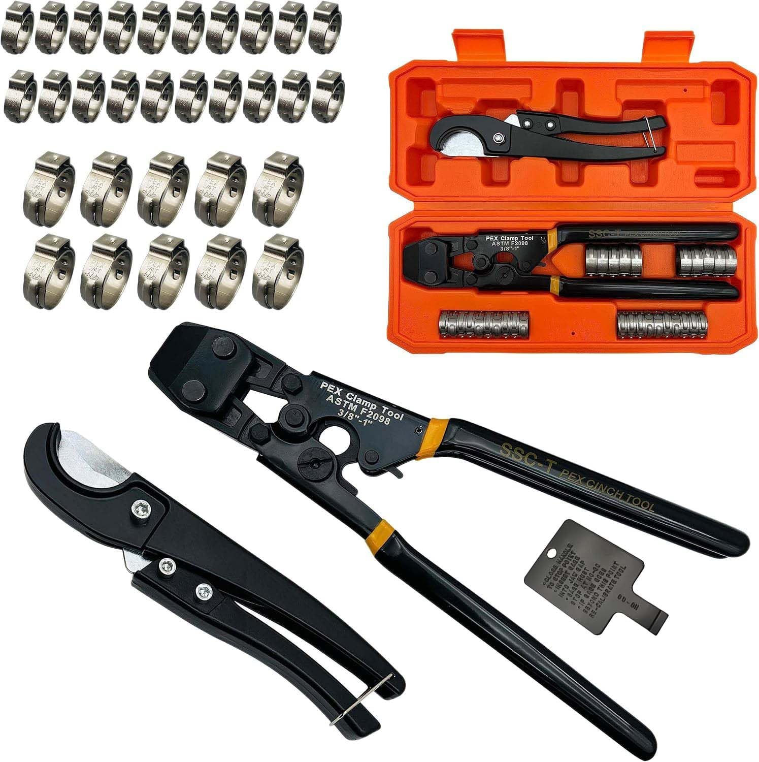 PEX Pipe Clamp Cinch Tool Crimping Tool Crimper for Stainless Steel Clamps from 3/8-inch to 1-inch with 1/2-inch 20PCS and 3/4-inch 10PCS SS PEX Clamps,with Pipe Cutter in Plastic Box