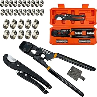 PEX Pipe Clamp Cinch Tool Crimping Tool Crimper for Stainless Steel Clamps from 3/8-inch to 1-inch with 1/2-inch 20PCS and 3/4-inch 10PCS SS PEX Clamps,with Pipe Cutter in Plastic Box