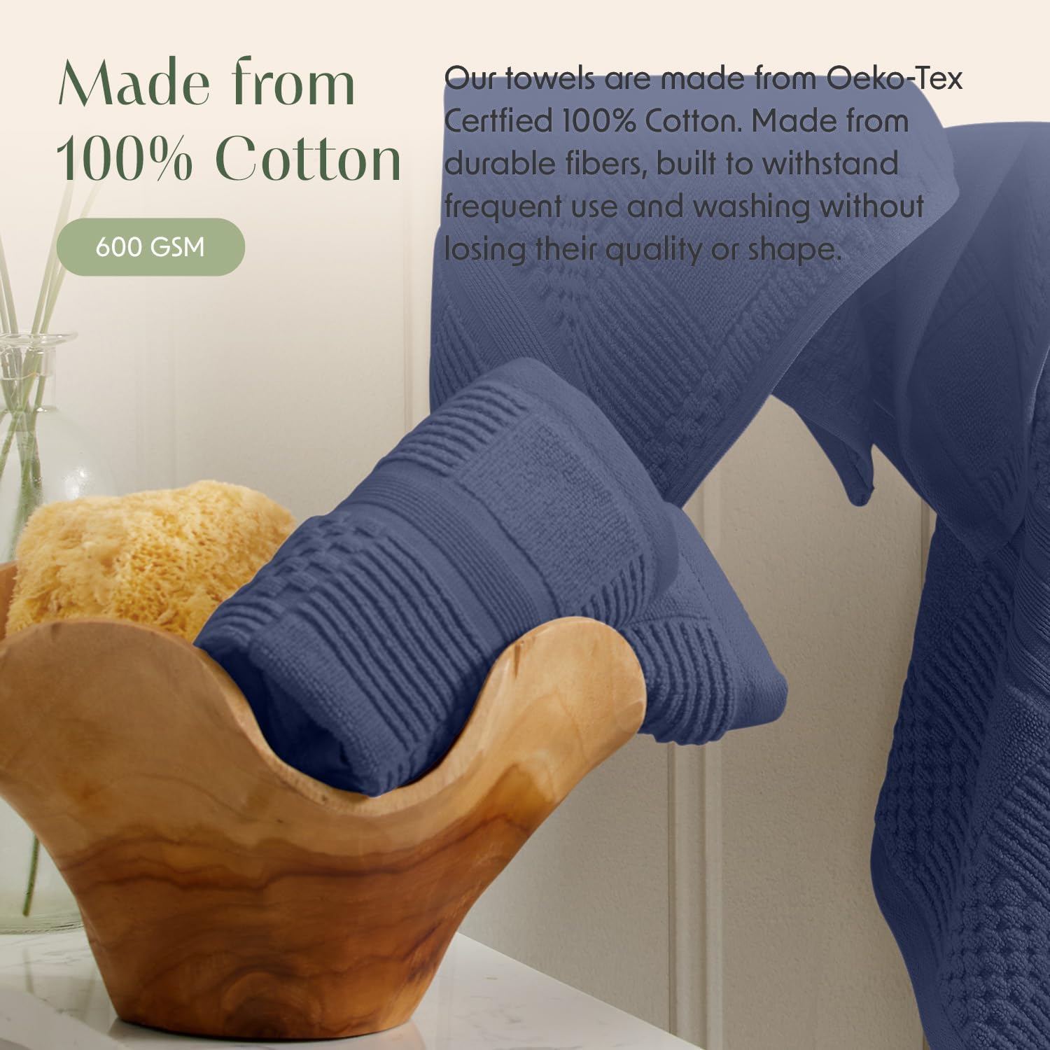 Springtree Home 100% Cotton Bath Towel Set of 4 | Blue Towels | Geometric Textured Design | Absorbent & Quick-Dry | 4 Bath Towels | Oeko-TEX® Standard 100 Cotton | Myla Collection - Indigo - Image 4