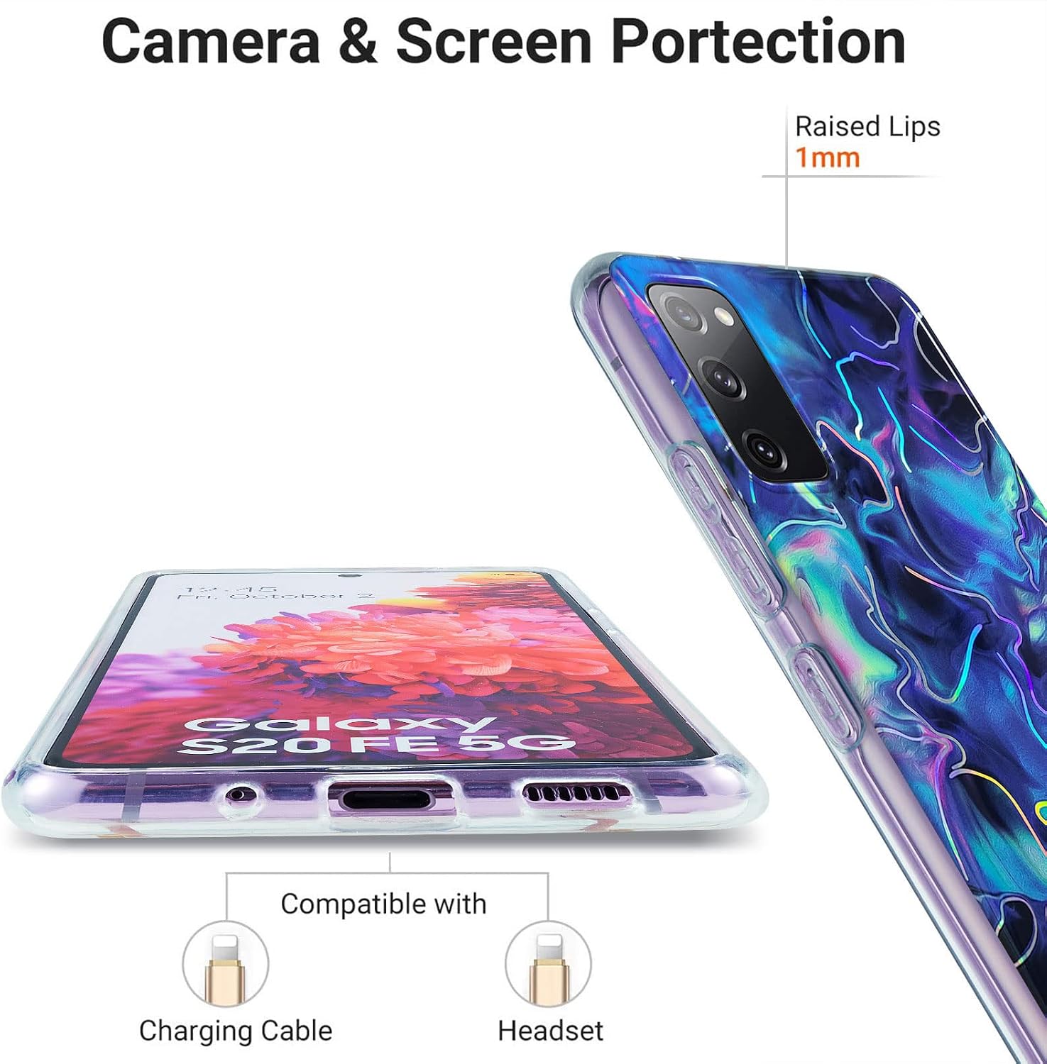J.west Galaxy S20 FE 5G Case 6.5-inch, Luxury Slim Soft TPU Rubber Silicone Cover with Shiny Metallic Watercolor Marble Design Case Sturdy Protective Women Girls Phone Case for Samsung S20 FE Blue
