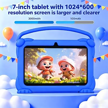 7 inch Kids Tablet, Android Tablet for Kids, 4GB RAM+32GB ROM+1TB Expand, Toddler Tablets with Shockproof Case, Parental Contral, 1024*600 IPS Screen, 3000mAh Battery, Educational, Games, Blue