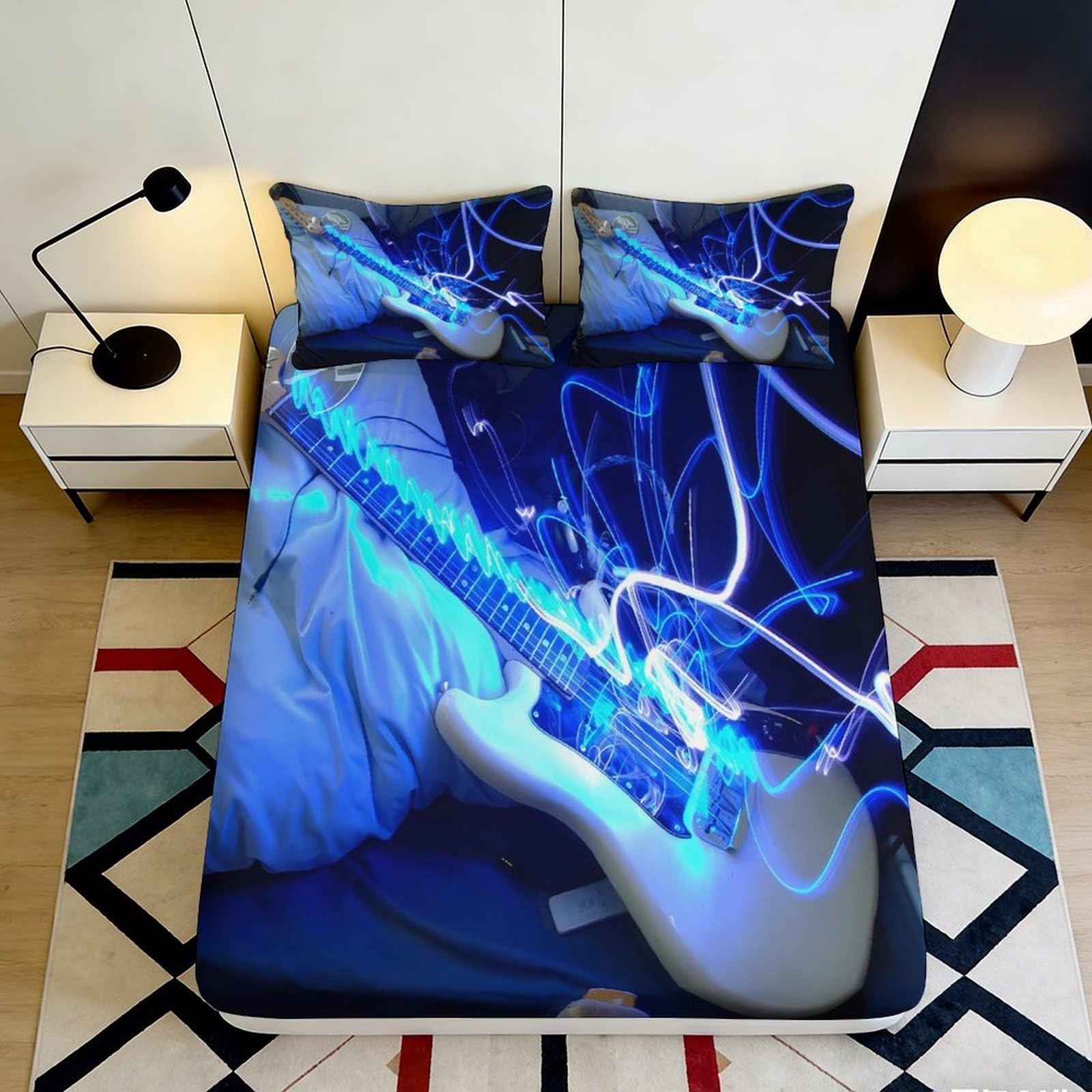 Dhbaneiok Style-8 3D Printed Electric Guitar Fitted Sheet Microfiber Soft Breathable Blue Lightning Bed Cover For Bedroom Decor 90X200x25cm