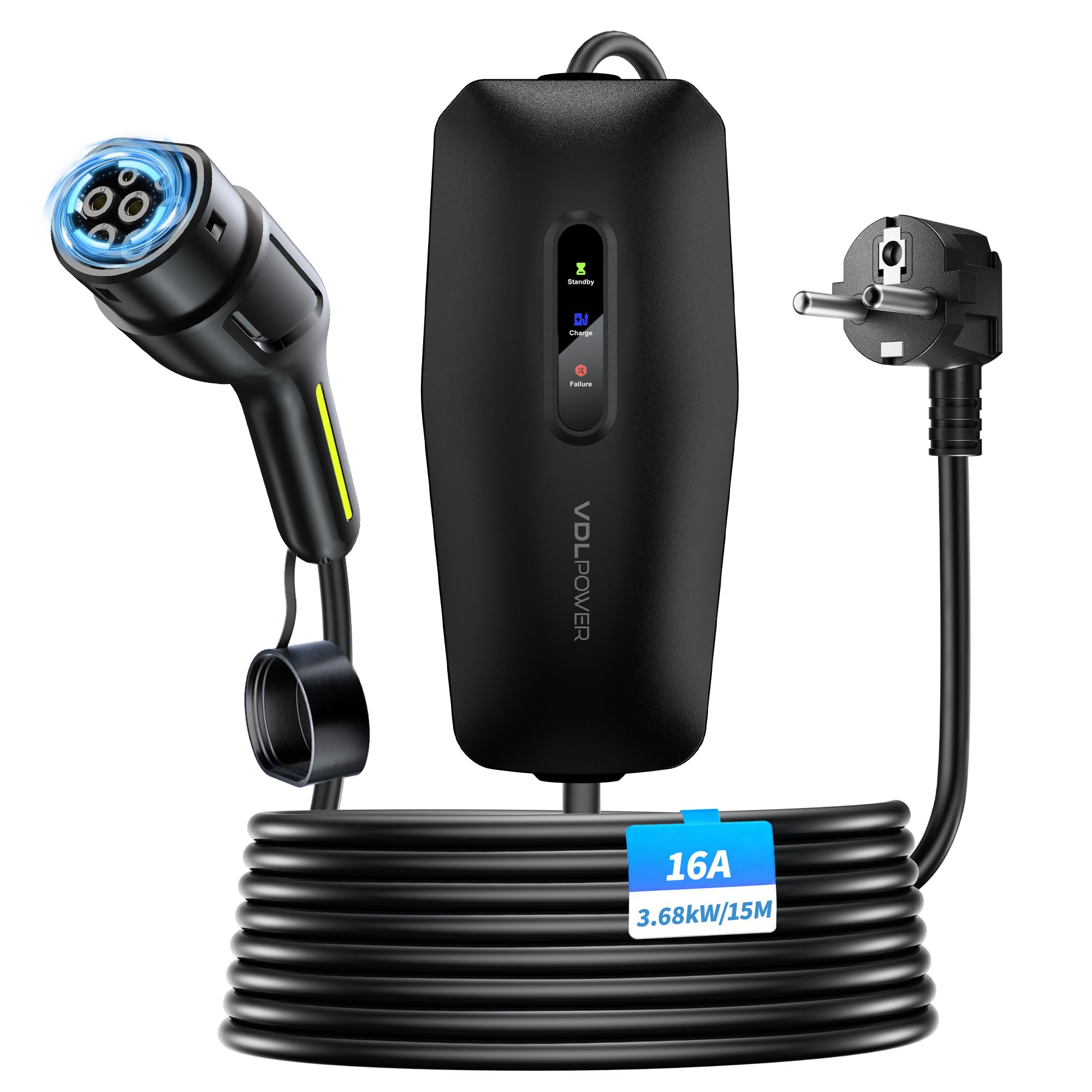 Mobile Wallbox 3.68KW Typ 2 Ladekabel, Tragbare EV Ladegerät 16A,1-Phasig | Tragbare Ladekabel Elektroauto Typ 2 schuko,16A, 1-phasig, Plug & Play, IP65, EV Charger für Allen PHEV/EV