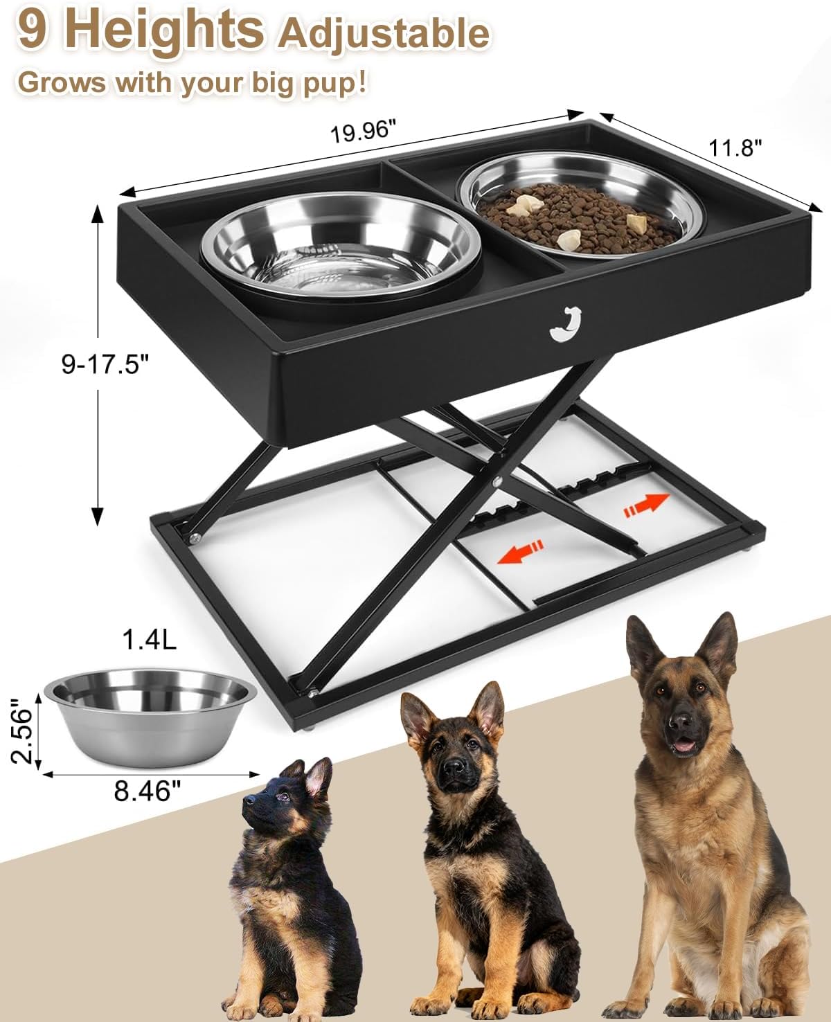 Taglory Metal Elevated Dog Bowls Stand for Large Breeds, 9 Height-Adjustable Raised Dog Bowl with 2 Stainless Steel Bowls(6 Cup), Anti-Slip Pads, 9" to 17.5", Black - Image 4