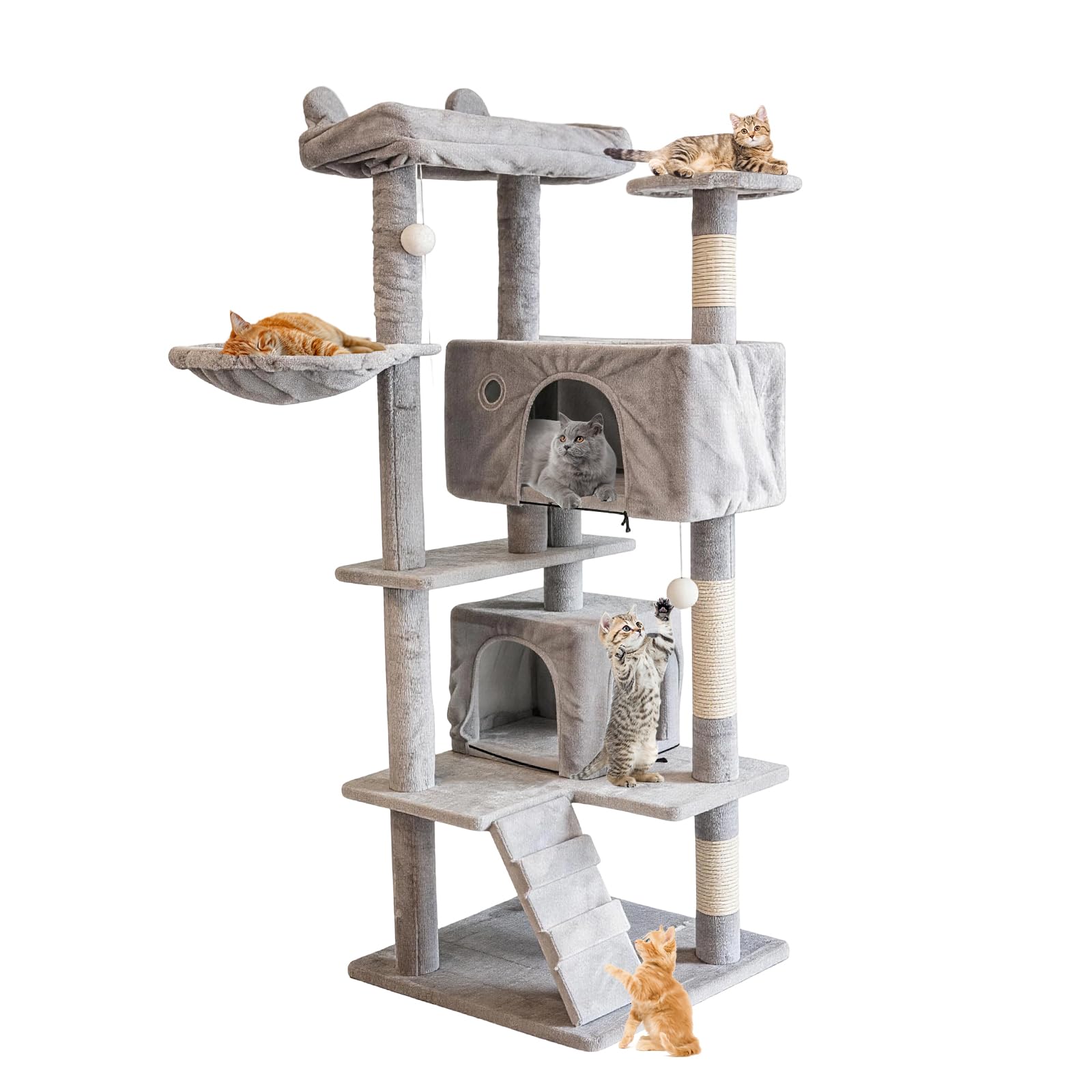 143.5cm Tall Cat Tree Tower with Multi-Level Platforms, Large Cat Condo & Cozy Hideaway, Sturdy Cat Climbing Stand with Sisal Scratching Posts & Ladder, Plush Indoor Activity Centre for Cats