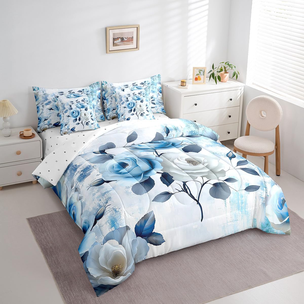 Erosebridal 7-Piece Girls Flower Bedding Queen Size Rose Floral Comforter Set for Women, Blue Gradient Bedding Comforter Sets Vintage Ombre Bed in a Bag, Oil Painting Aesthetic Bedding Room Decorative
