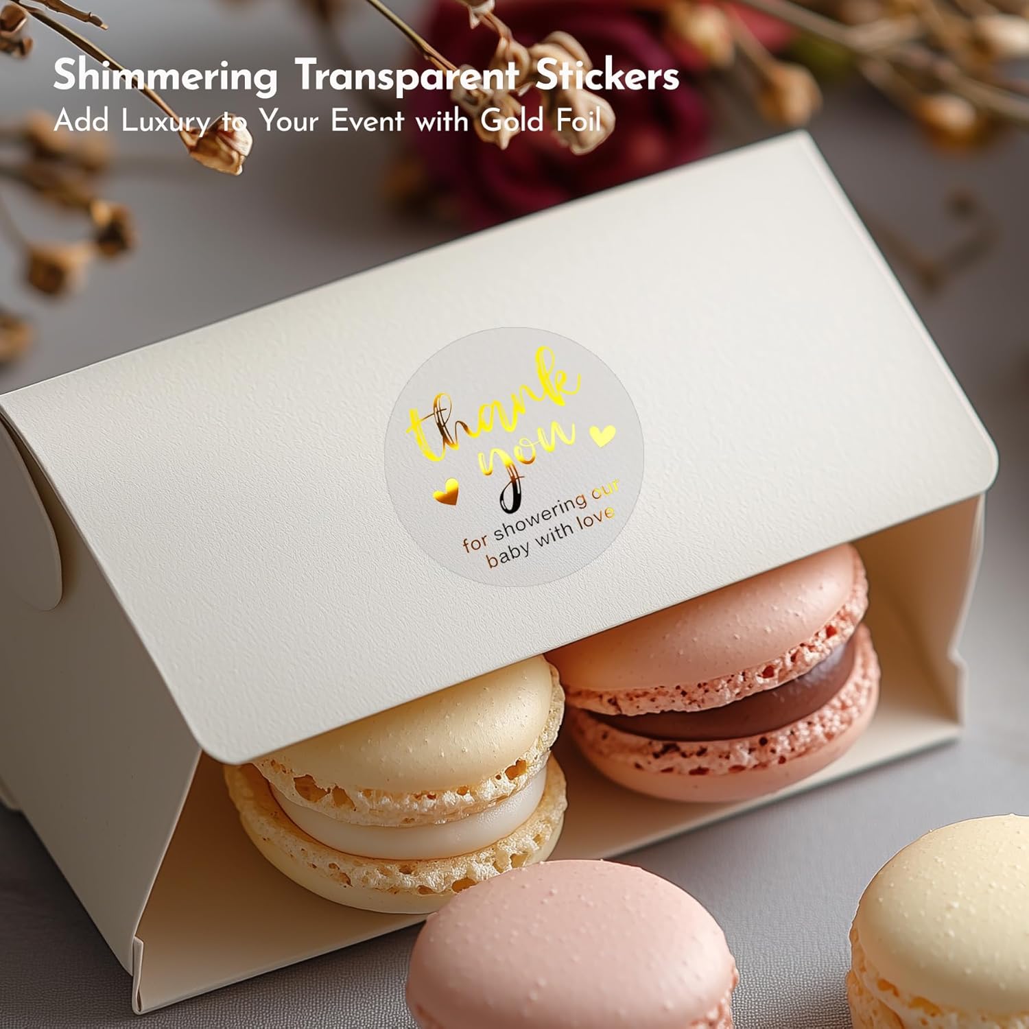 100 x YYDESN Thank You for Showering Our Baby with Love Stickers – Gold Foil Clear Baby Shower Favor Labels for Candy, Cookies, and Gifts – 1.6 Inch (Gold) - Image 6