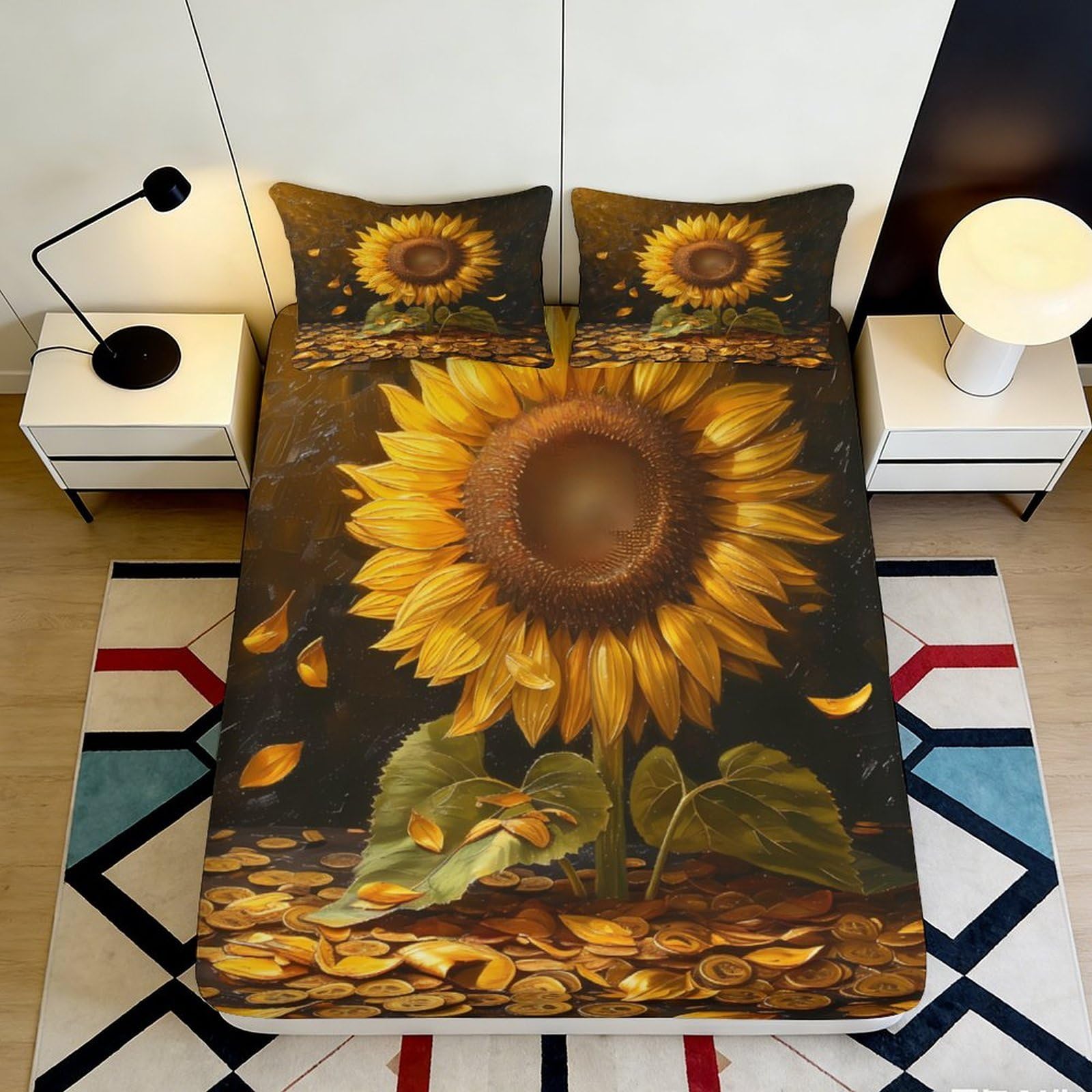 3D Printed Sunflower Golden Leaves Fitted Sheet Microfiber Soft Breathable Sunflower Bed Cover for Bedroom Dorm Mattress Protection Decor 180x200x25cm