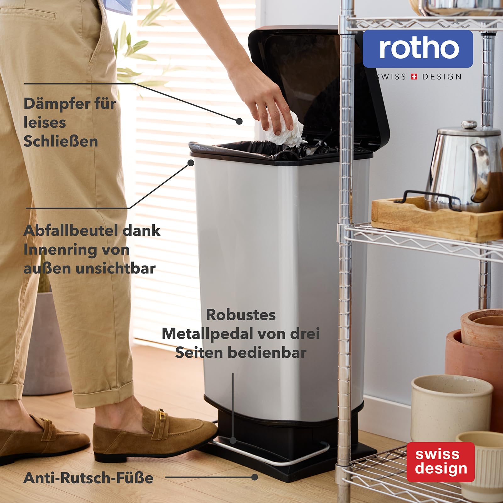 Rotho Paso - Cubo de Basura con Pedal (40 L), Color Plateado