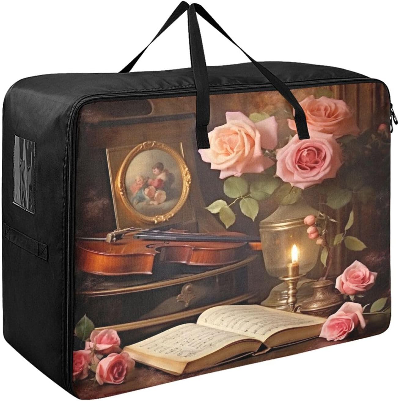 Vintage Music Roses Comforter Storage Bag Large Blanket Closet Organizers Clothes Storage Bags for King/Queen Comforters, Pillow, Quilt, Bedding