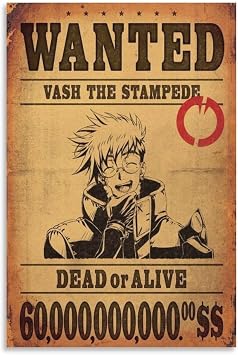 SRAML Vash The Stampede Wanted Poster Wall Art Picture Painting Poster Canvas Print Posters Artworks Bedroom Living Room Decor 12x18inch30x45cm