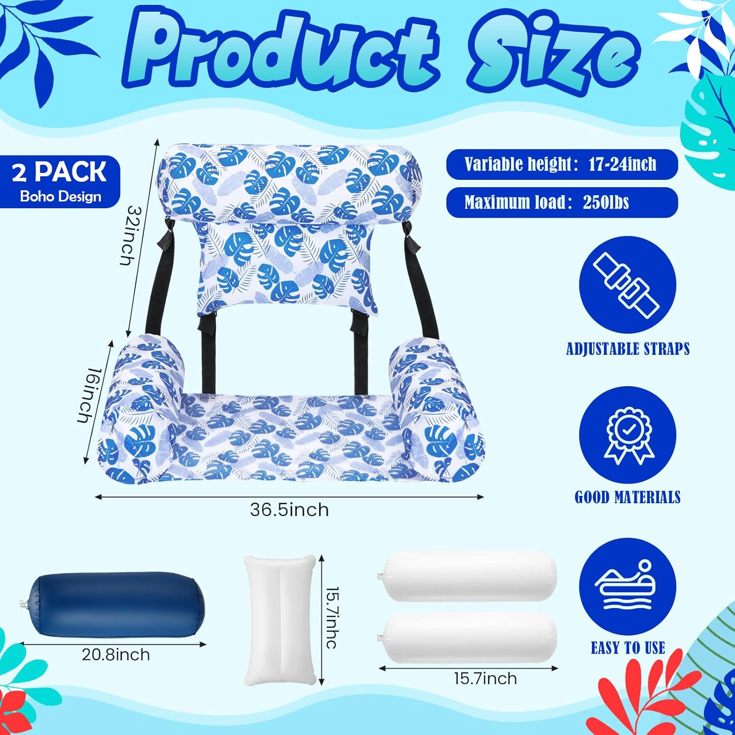 Threehoney 2 Pack Large Pool Chair Floats Adult Inflatable Pool Lounge Chair Summer Pattern Water Floating Chair Adjustable Pool Float Hammock for Swimming Pool Beach Party Game