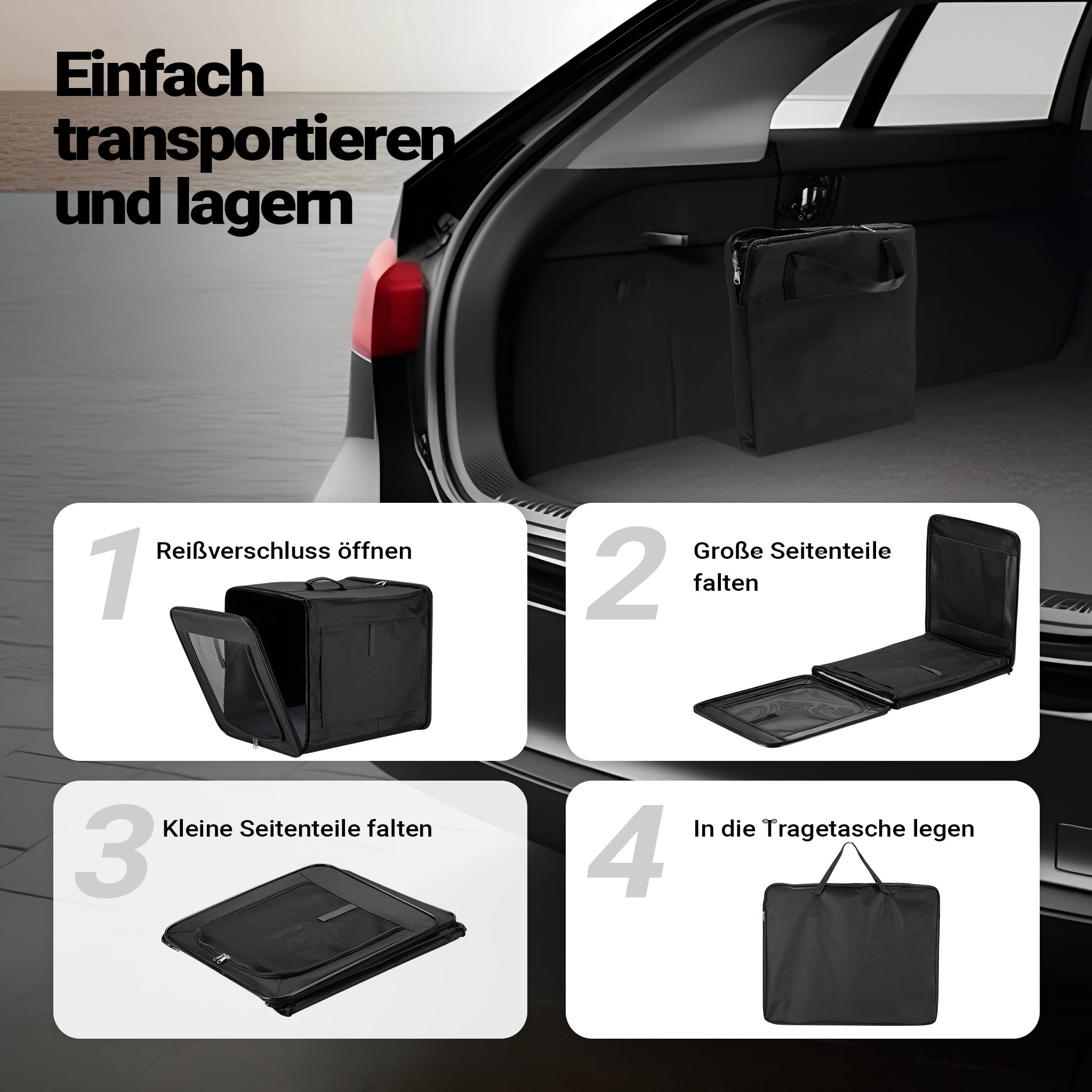 Wiltec Faltbare Transportbox für Hunde, Katze L (76x56x61 cm), robust, leicht, sicher, Hundebox mit entnehmbarem Kissen, Schwarz