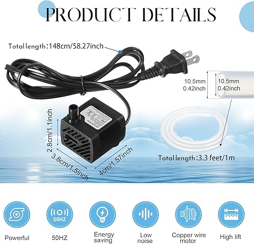Miniatura 2 de Lounsweer Juego de 12 mini bomba de fuente de 50 GPH 3W pequeña bomba de agua sumergible con tubo de 3.3 pies aspirador eléctrico silencioso para