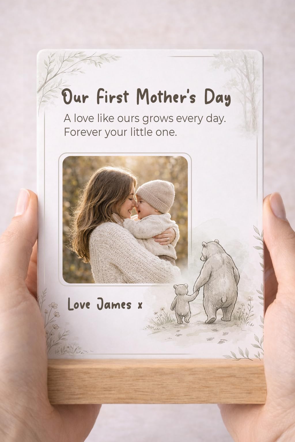 Colourbat White Personalised Mothers Day Gift For Mum, Custom Photo Acrylic Plaque With Oak Stand, Mum Keepsake Gift From Son Or Daughter (Our First Mother’s Day)