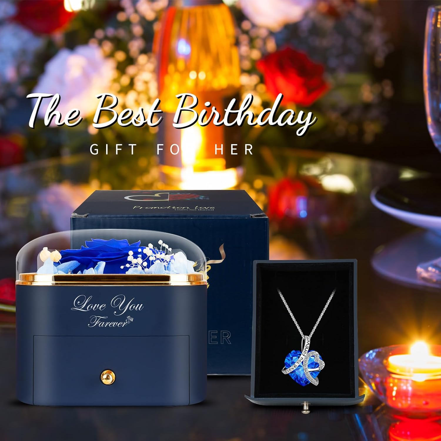 Preserved Blue Real Rose with Heart Necklace for Mom Her Women Wife Girlfriend Grandma Gifts Idea on Christmas Valentines Mothers Day Christmas Anniversary Romantic-Blue