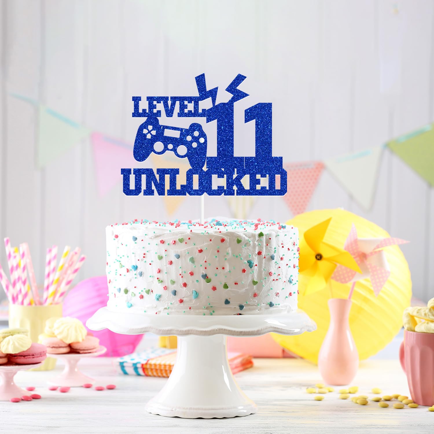 Décoration Gâteau Anniversaire "Level 11 Unlocked" - Thème Jeu Vidéo - Pour Garçon 11 Ans - Carte Pailletée Avec Bâton