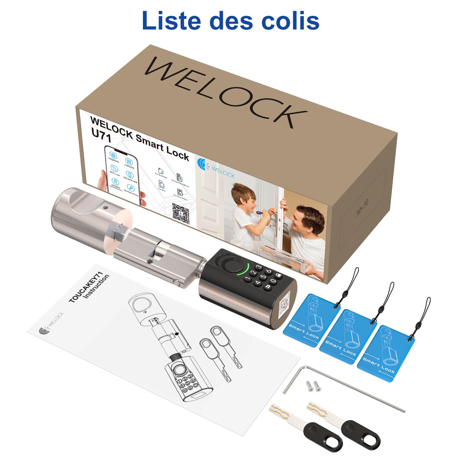 RUILON ToucA71 Serrure connectée à code 32.5x30 Cylindre empreinte digitale | Serrure biometrique avec 3 cartes RFID 2 clés, portes 60-90 mm, Facile à installer, Code temporaire, Airbnb Maison Chambre