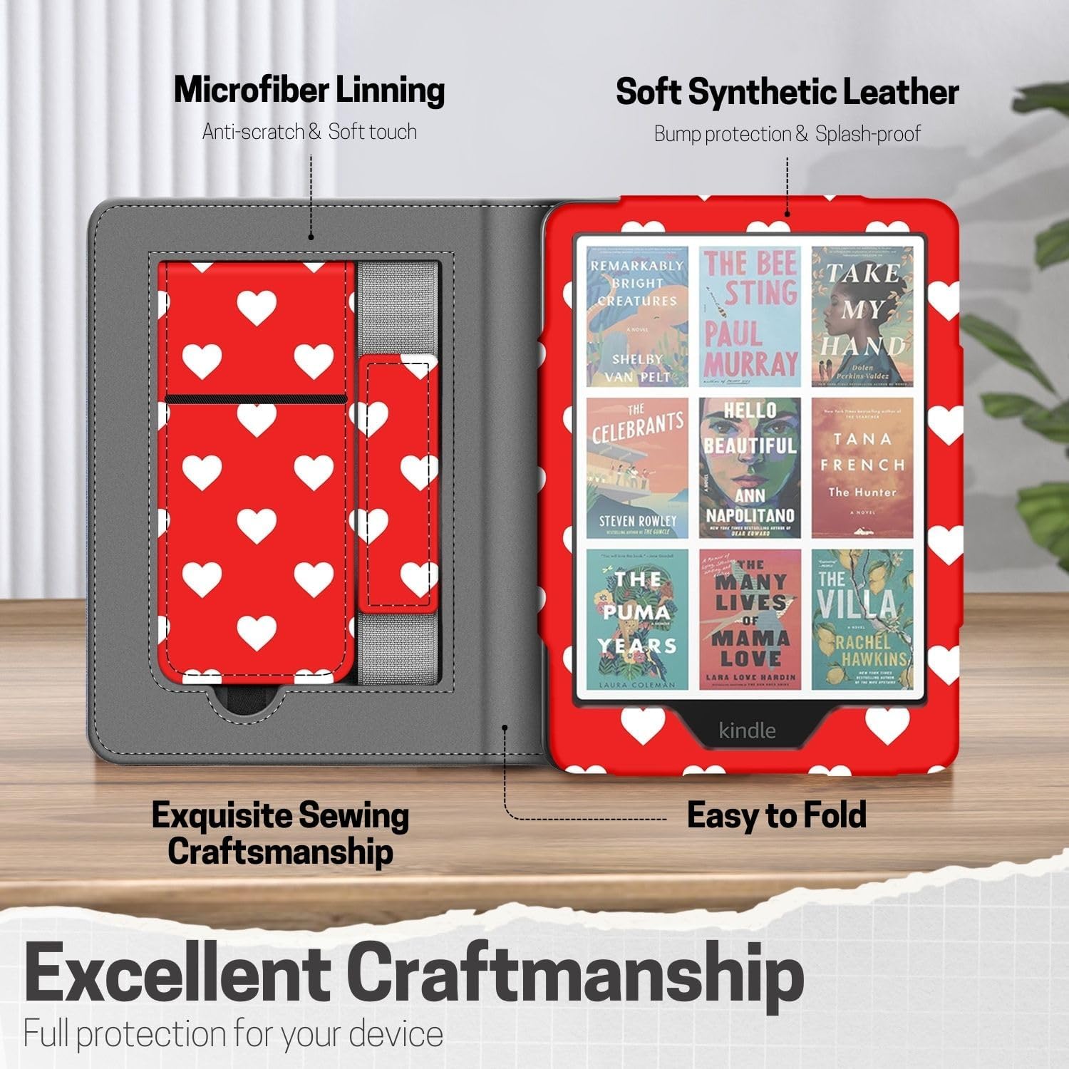 TNP Stand Case for Kindle Paperwhite 12th Generation 2024 / Kindle Colorsoft Signature Edition with Hand Strap & Card Slot - 7" PU Leather Protective Folio Cover with Auto Wake/Sleep, White Love Heart