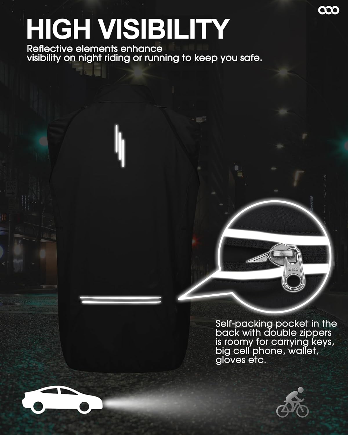 33,000ft Men's Cycling Jacket Long Sleeve, Waterproof Running Bike Vest Outerwear Reflective Windproof Sleeveless Jacket - Image 4