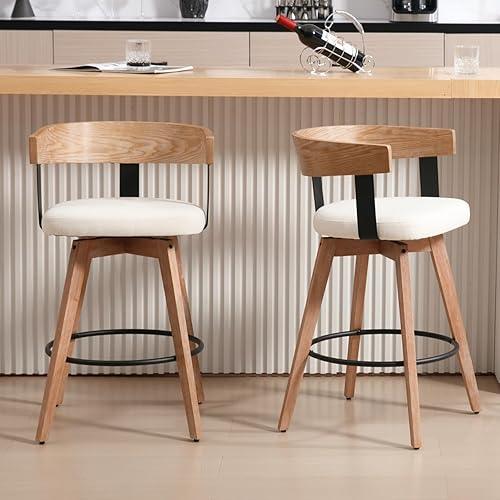 Miniatura 7 de HEAH-YO Juego de 2 taburetes de bar giratorios de 26 pulgadas de altura de mostrador con respaldo de barril, blanco, estilo moderno de mediados de