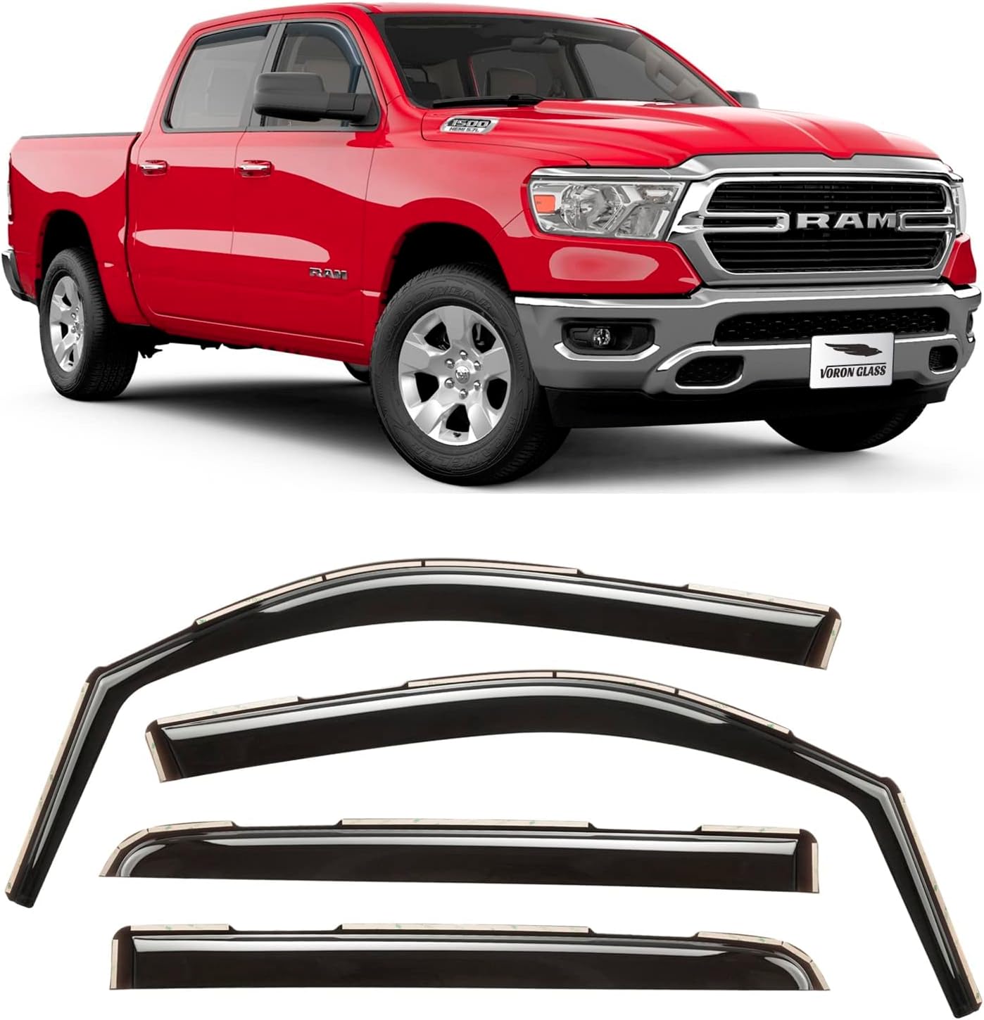 Voron Glass in-Channel Extra Durable Rain Guards for Trucks Dodge RAM 1500 2019-2022 Crew Cab, Window Deflectors, Vent Window Visors, 4 Pieces - 220159