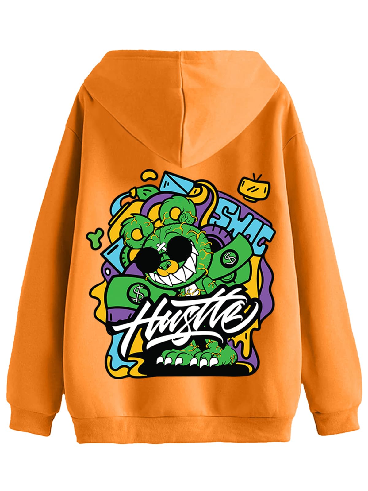 Veirdo® Cotton Fleece Oversized Fit Black, Grey, Green, Blue & Orange Cool & Latest Aesthetic Hustle Monster Graphic Printed Full Sleeve Hoodie for Men
